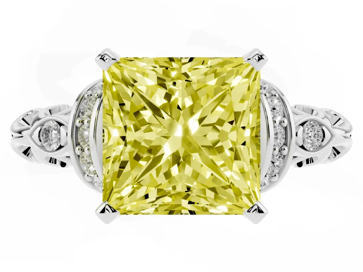 Fancy Yellow Princess Cut Diamond Solitaire Ring with Filigree Band and Four-Prong Setting Silver