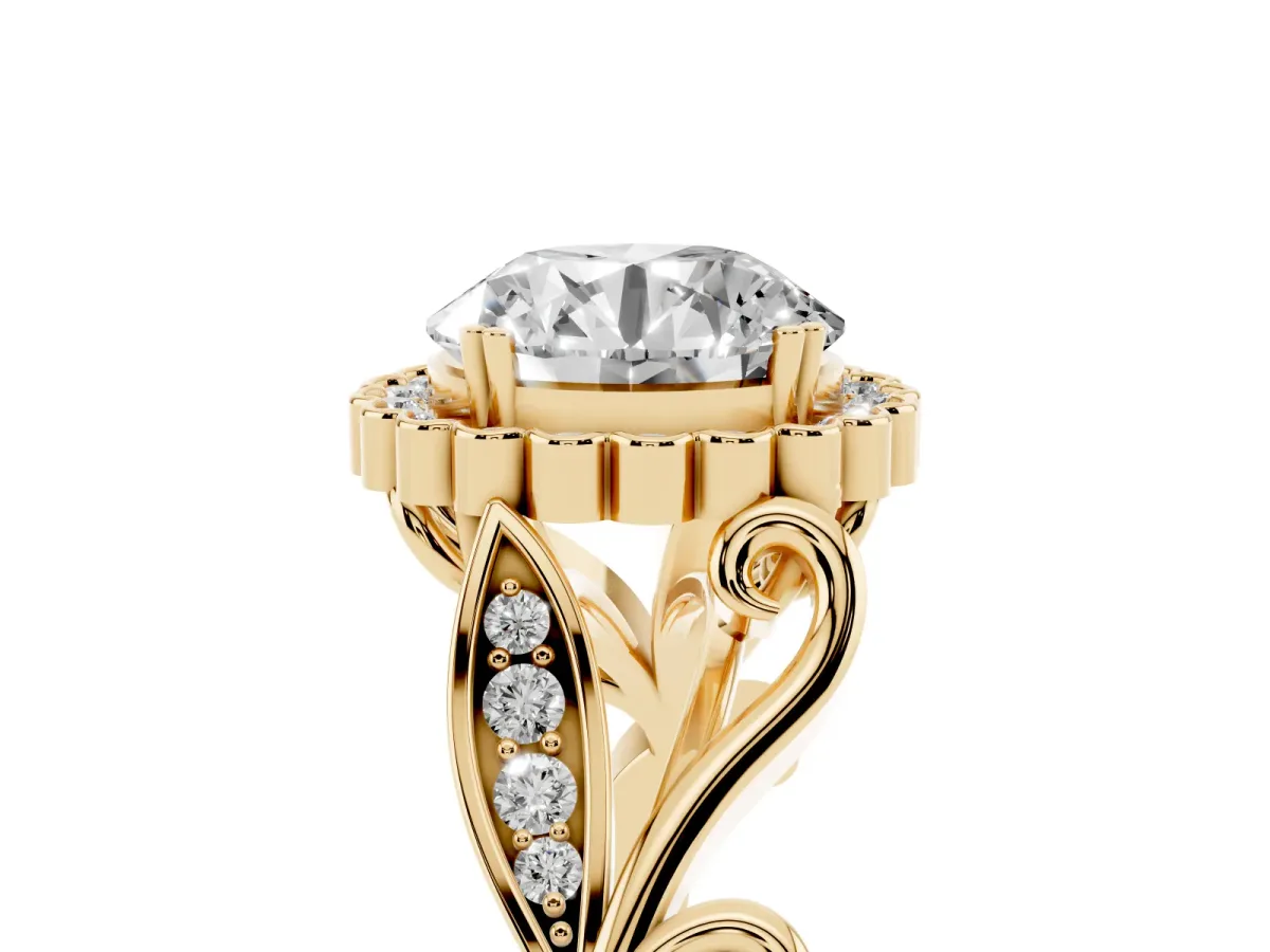 Round Cut Diamond Halo Ring with Vintage Split Shank and Four-Prong Setting Yellow gold
