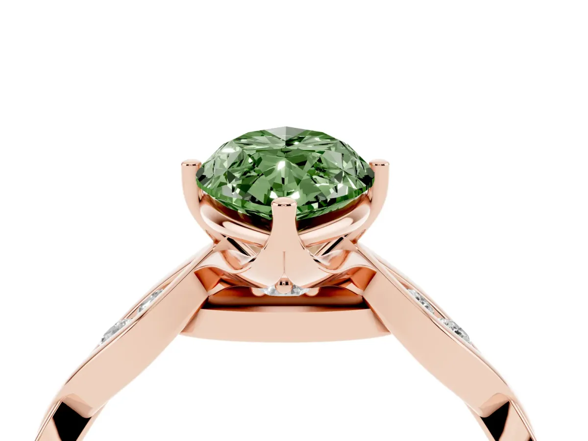 Fancy Green Marquise Cut Solitaire Twist Band with Leaf Prong Setting Rose gold