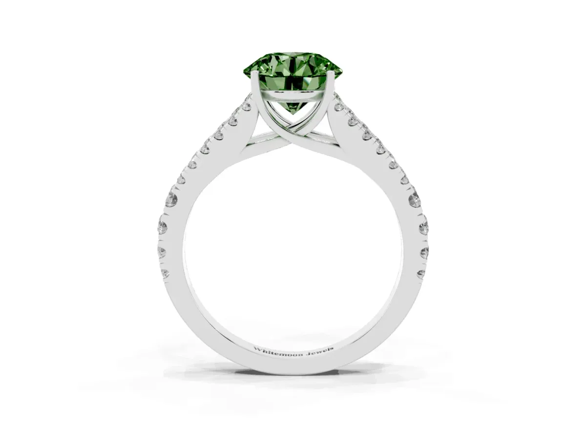 Fancy Green Round Cut Diamond Split Shank Pavé Engagement Ring with Four-Prong Setting Platinum