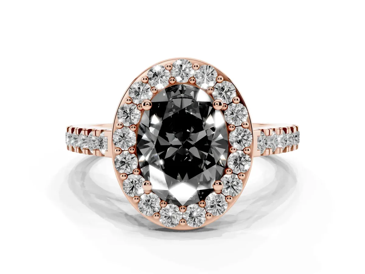 Fancy Black Oval Cut Diamond Halo Ring with Round Pavé Split Shank and Prong Setting Rose gold