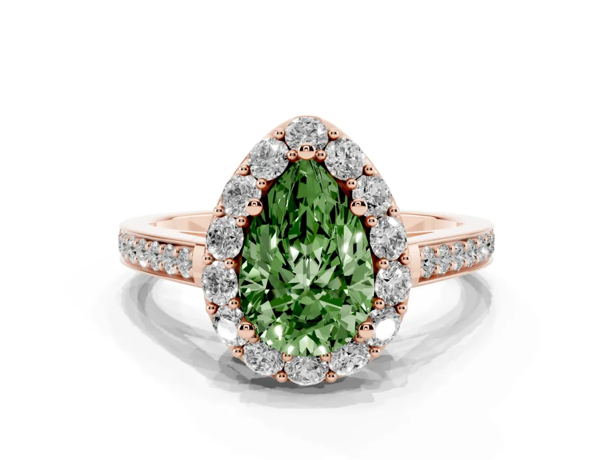 Fancy Green Pear Cut Diamond Floral Halo Ring with Pavé Band and Prong Setting Rose gold