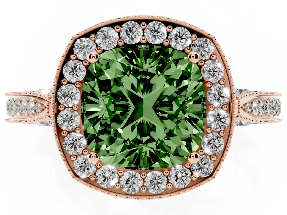 Fancy Green Cushion Cut Halo Diamond Engagement Ring with Split Shank Band and Four-Prong Setting Rose gold
