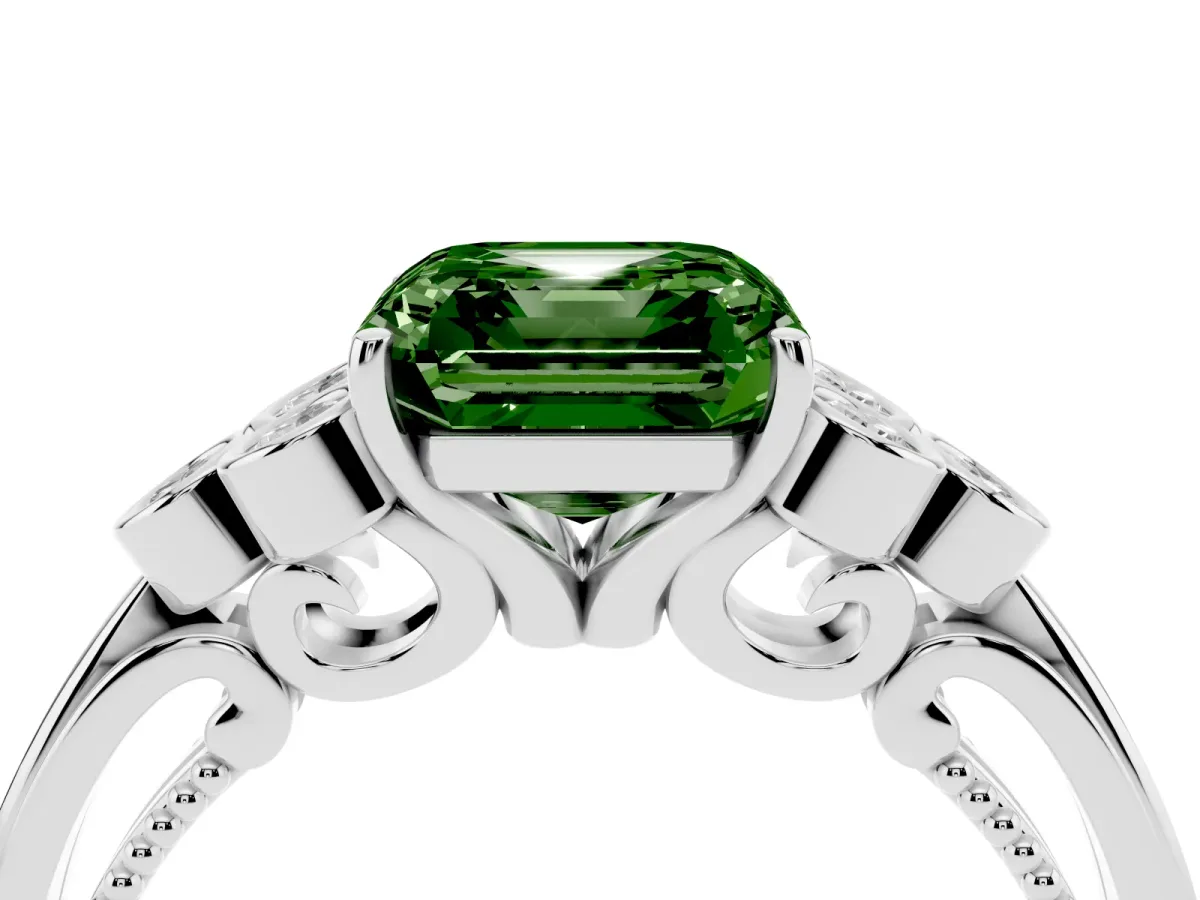 Fancy Green Asscher Cut Cut Diamond Engagement Ring with Bezel Set Round Side Stones and Prong Setting White gold