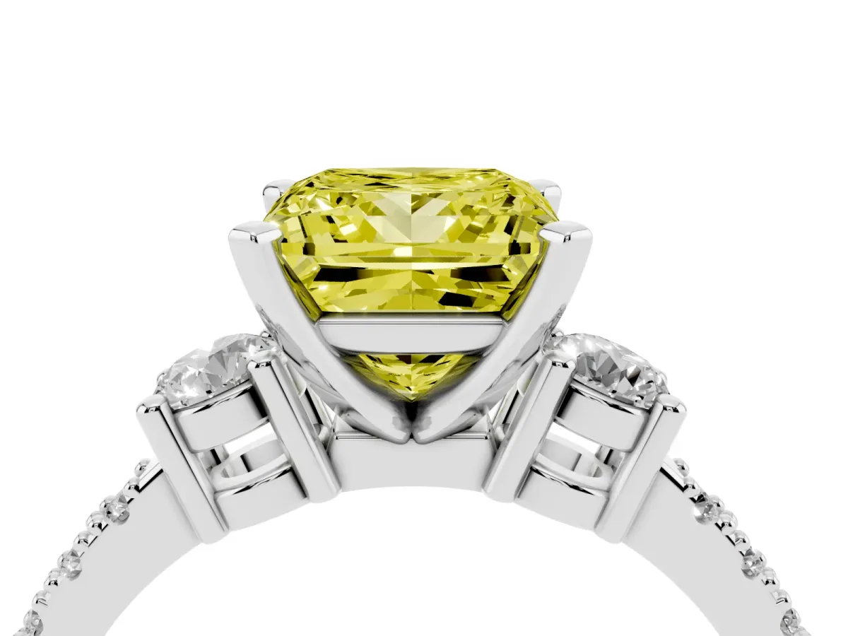 Fancy Yellow Princess Cut Three-Stone Diamond Pavé Band with Prong Setting Silver