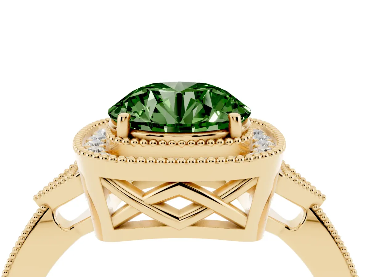 Fancy Green Round Cut Halo Round Diamond Milgrain Pave Engagement Ring Yellow gold