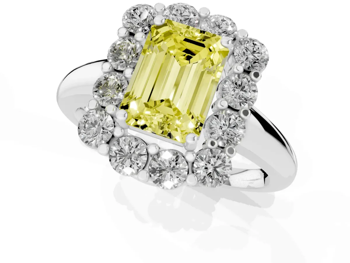 Fancy Yellow Emerald Cut Halo Cluster Diamond Engagement Ring with Prong Setting and Polished Band White gold