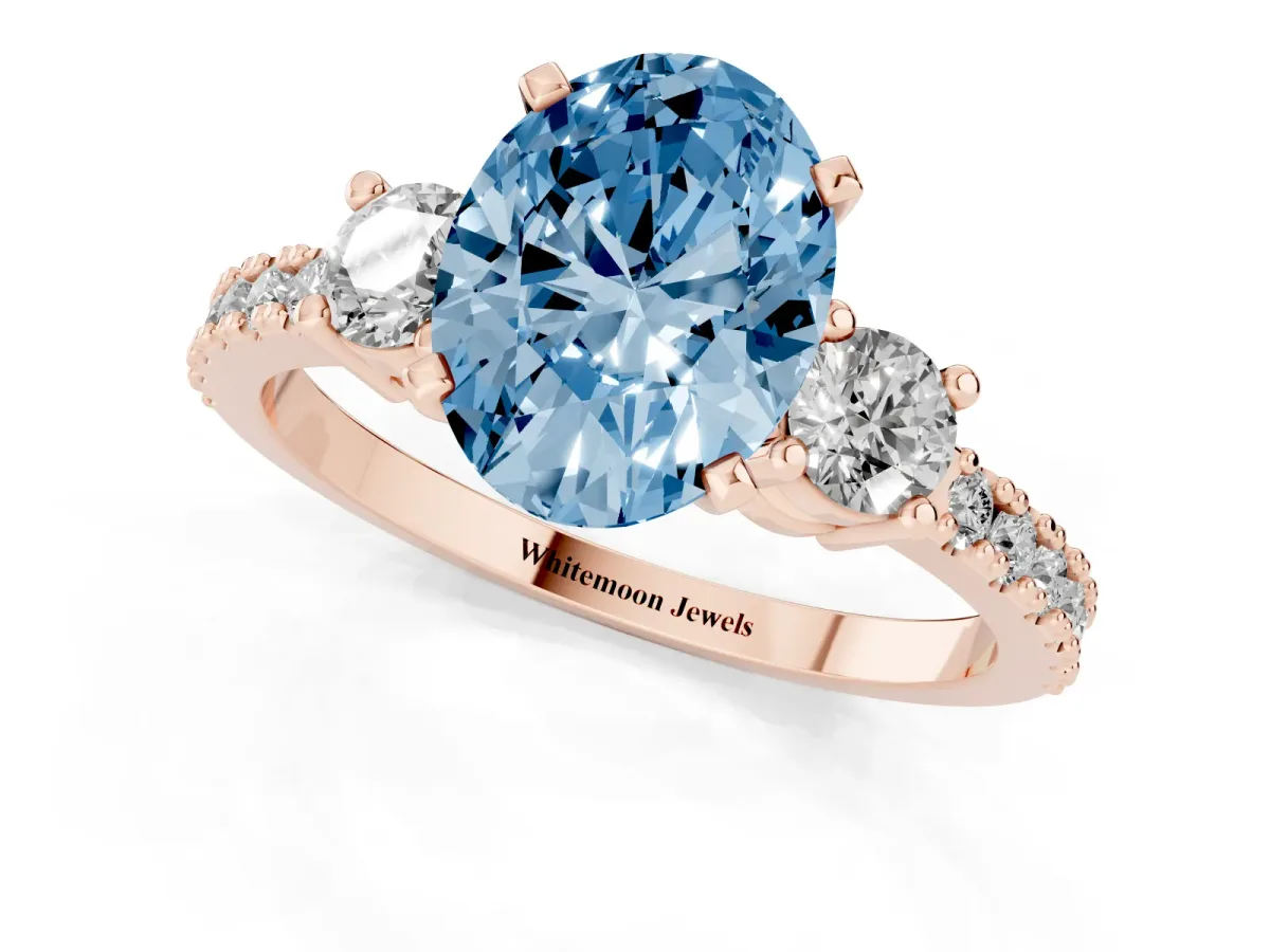 Fancy Blue Oval Cut Three-Stone Diamond Pavé Band with Prong Setting Rose gold