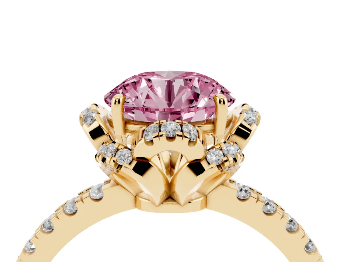 Fancy Pink Round Cut Halo Diamond Pave Band Ring with Four-Prong Setting Yellow gold