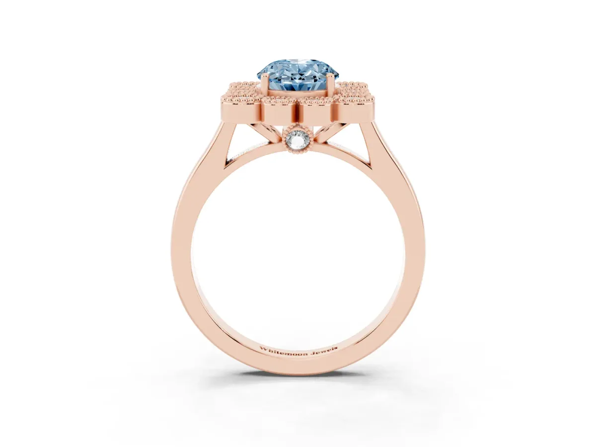 Fancy Blue Oval Cut Halo Diamond Cluster Engagement Ring with Milgrain Bezel Setting and Solitaire Band Rose gold
