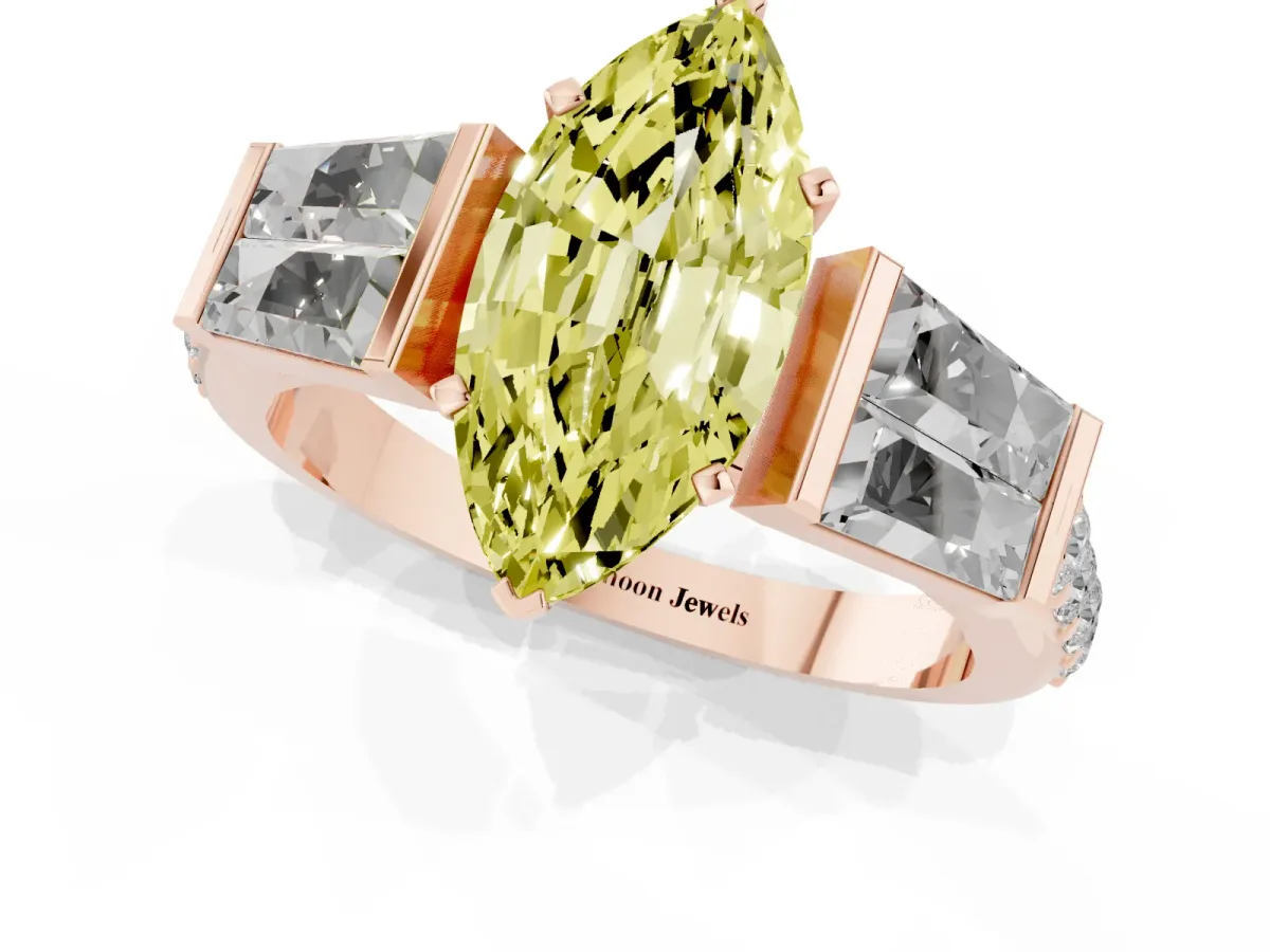 Fancy Yellow Marquise Cut Diamond Engagement Ring with Baguette Side Stones and Channel Set Band Rose gold