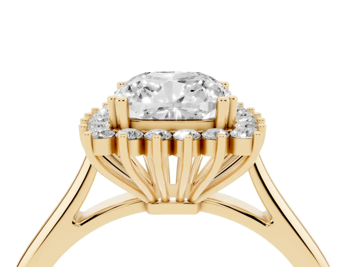 Cushion Cut Cut Diamond Halo Ring with Solitaire Band and Prong Setting Yellow gold