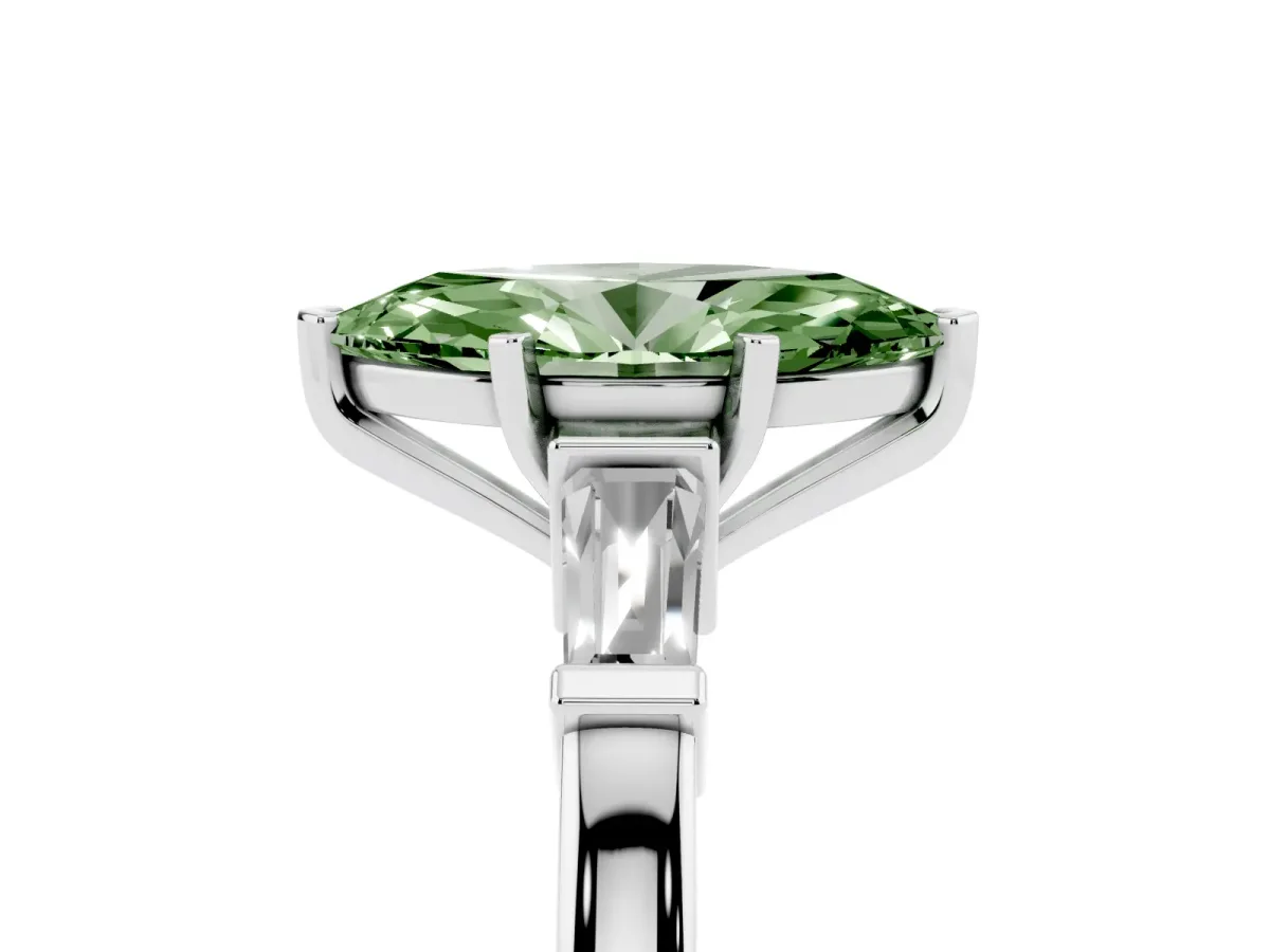 Fancy Green Marquise Cut Cut Diamond Solitaire Ring with Tapered Baguette Accents and Four-Prong Setting Silver