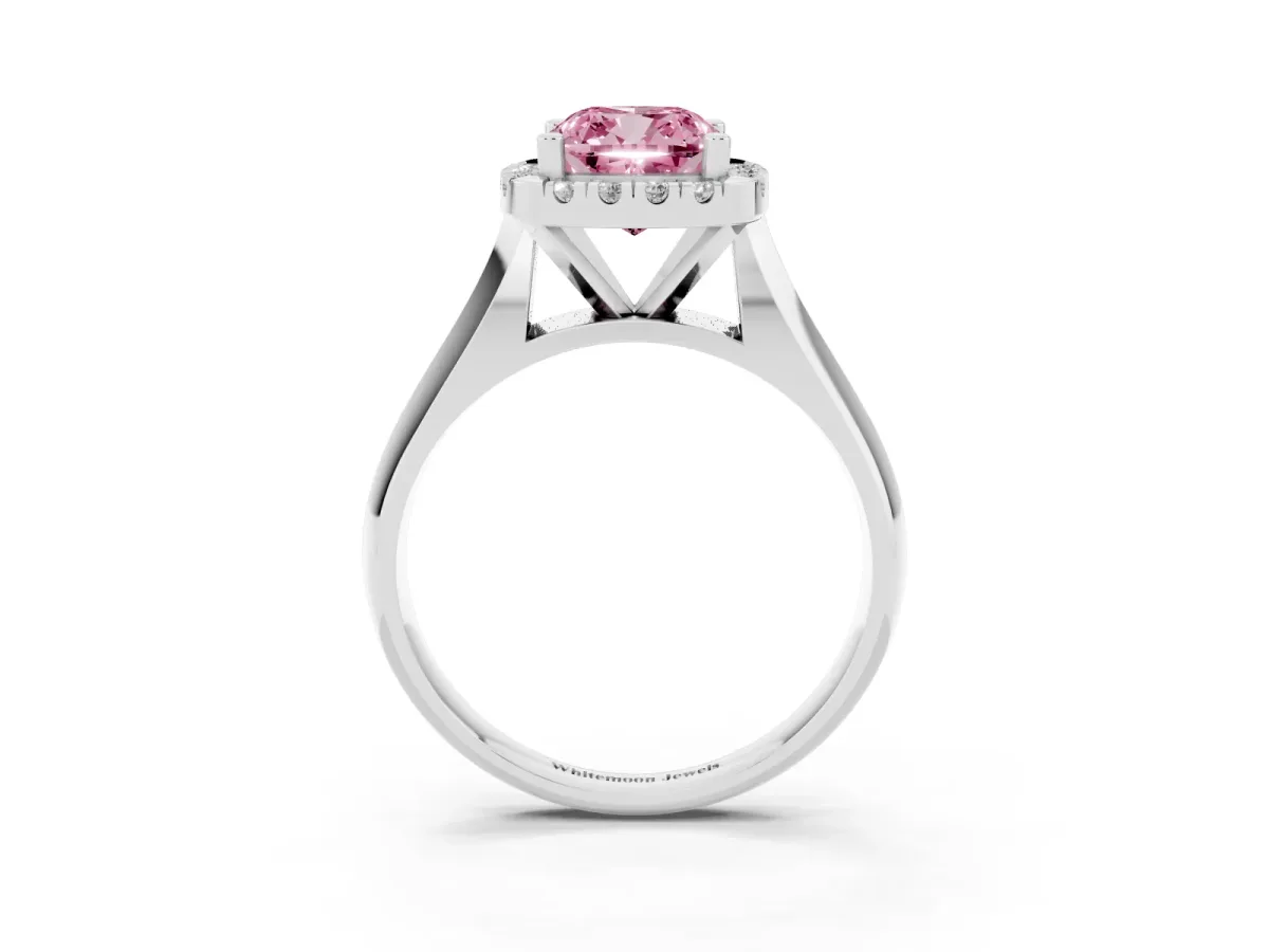Fancy Pink Cushion Cut Cut Halo Solitaire Engagement Ring with Square Band and Four-Prong Setting White gold
