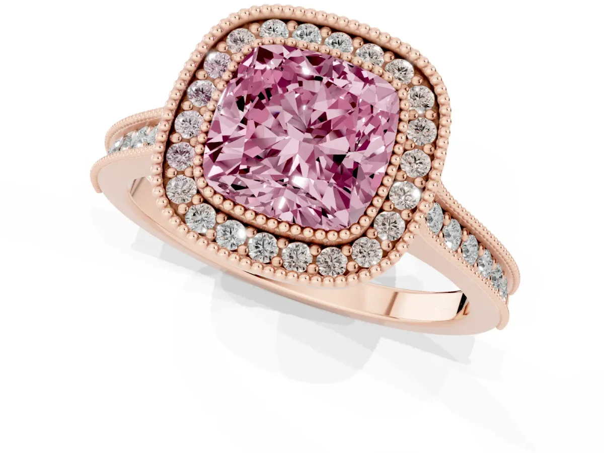 Fancy Pink Halo Cushion Cut-Cut Diamond Pave Band Milgrain Prong Setting Ring Rose gold