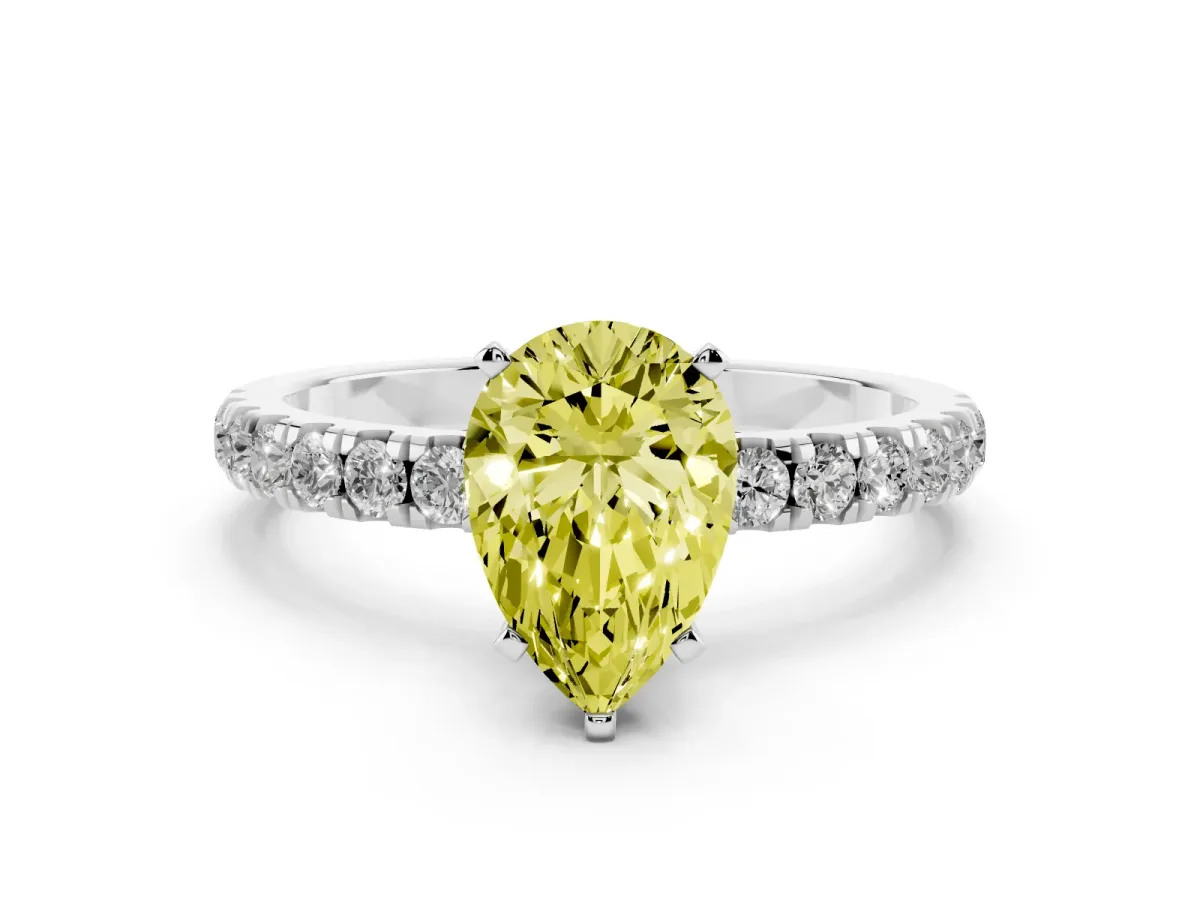Fancy Yellow Pear Cut Diamond Solitaire Ring with Pavé Accents and Four-Prong Setting Silver