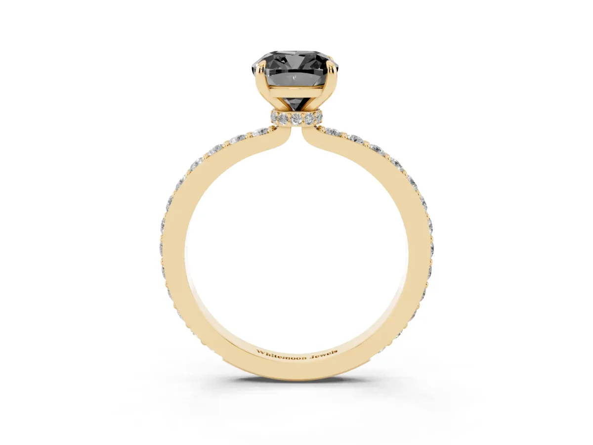 Fancy Black Cushion Cut Diamond Pavé Engagement Ring with Round Accents and Prong Setting Yellow gold