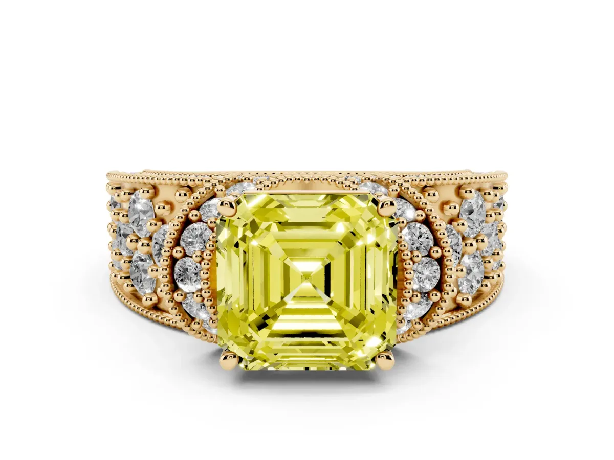 Fancy Yellow Asscher Cut Halo Pave Diamond Engagement Ring with Milgrain Detailing Yellow gold