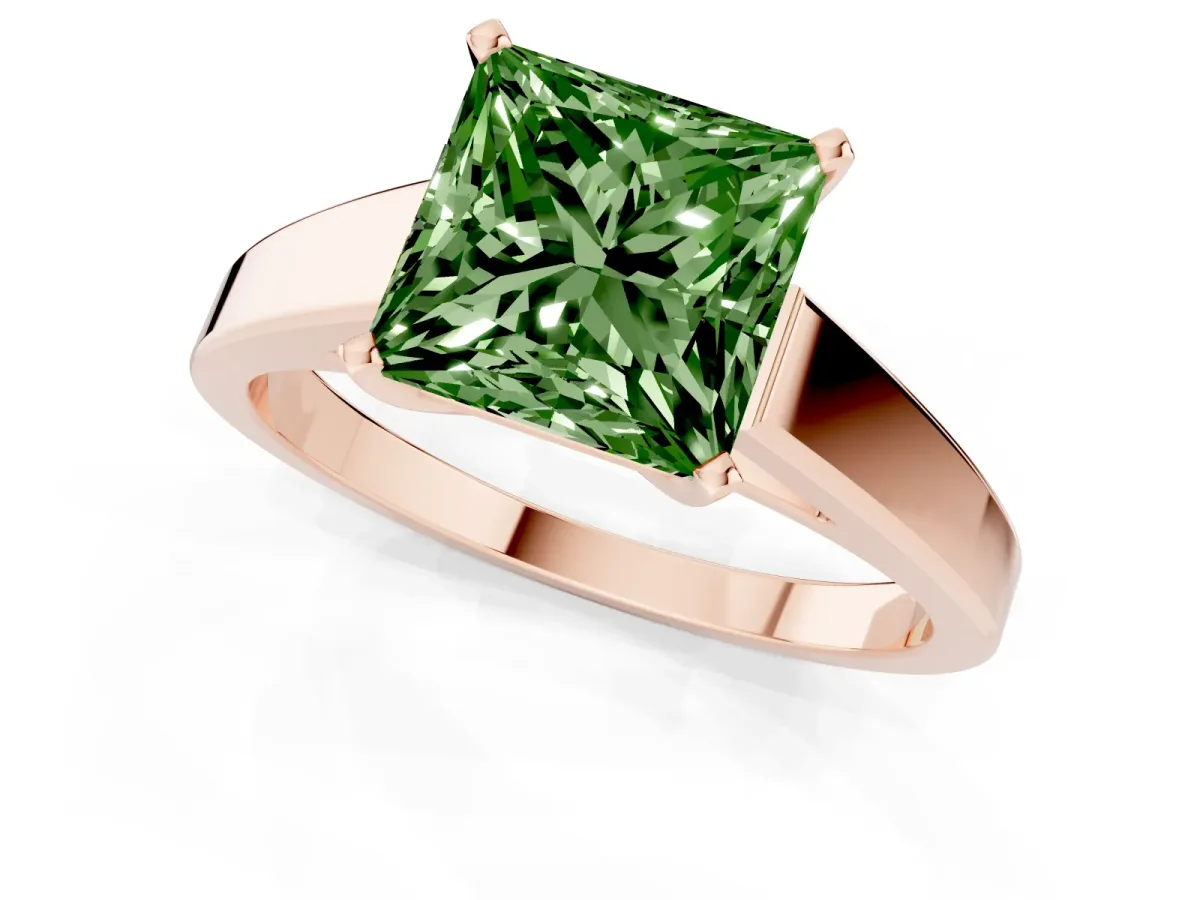 Fancy Green Princess Cut Solitaire Engagement Ring with Four-Prong Setting and Tapered Band Rose gold