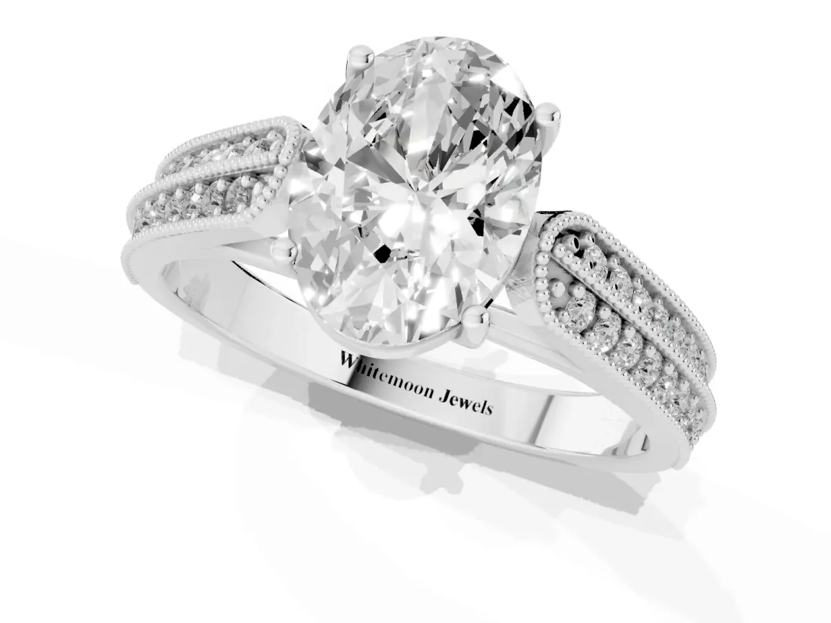 Oval Cut Cut Pave Split Shank Engagement Ring with Four-Prong Setting Silver
