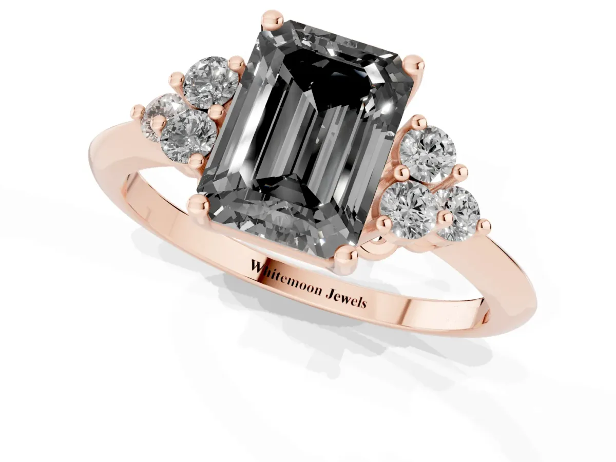 Fancy Black Emerald Cut Cut Diamond Cluster Ring with Solitaire Band and Four-Prong Setting Rose gold
