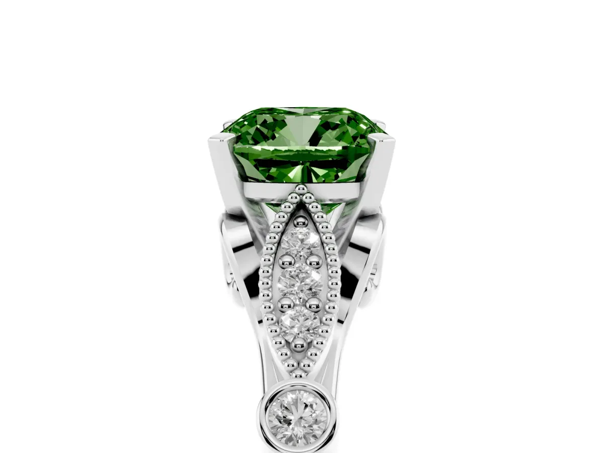 Fancy Green Cushion Cut Cut Diamond with Milgrain Marquise and Bezel Accents on a Solitaire Band with Prong Setting White gold