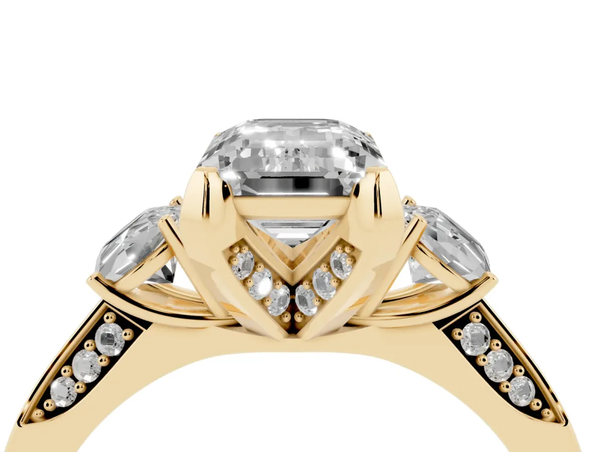 Fancy Green Emerald Cut Brilliant Three-Stone Diamond Ring with Pavé Band and Four-Prong Setting Yellow gold