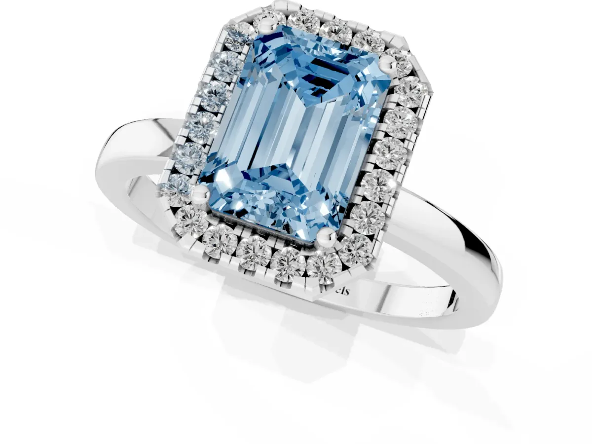 Fancy Blue Emerald Cut Halo Diamond Solitaire with Pavé Band and Four-Prong Setting White gold