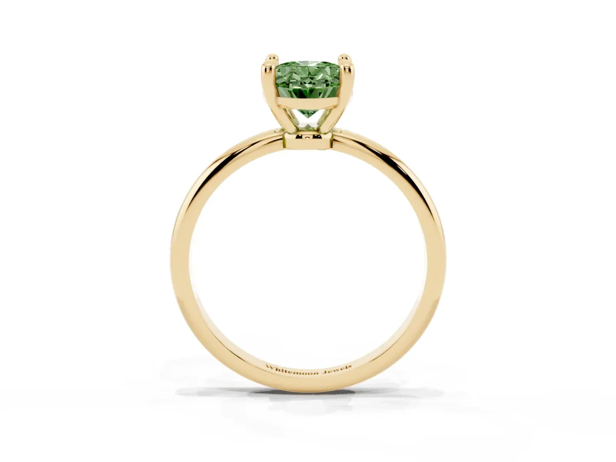 Fancy Green Oval Cut Solitaire Diamond Ring with 4-Prong Setting on a Classic Band Yellow gold