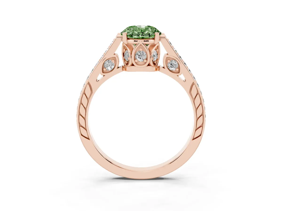 Fancy Green Oval Cut Cut Cathedral Pave Diamond Engagement Ring with Six-Prong Setting Rose gold