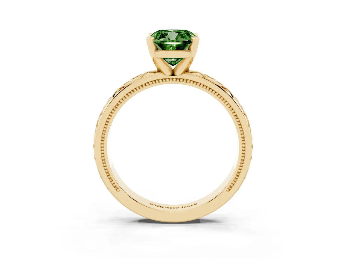 Fancy Green Cushion Cut Solitaire Engagement Ring with Scrollwork Band and Four-Prong Setting Yellow gold