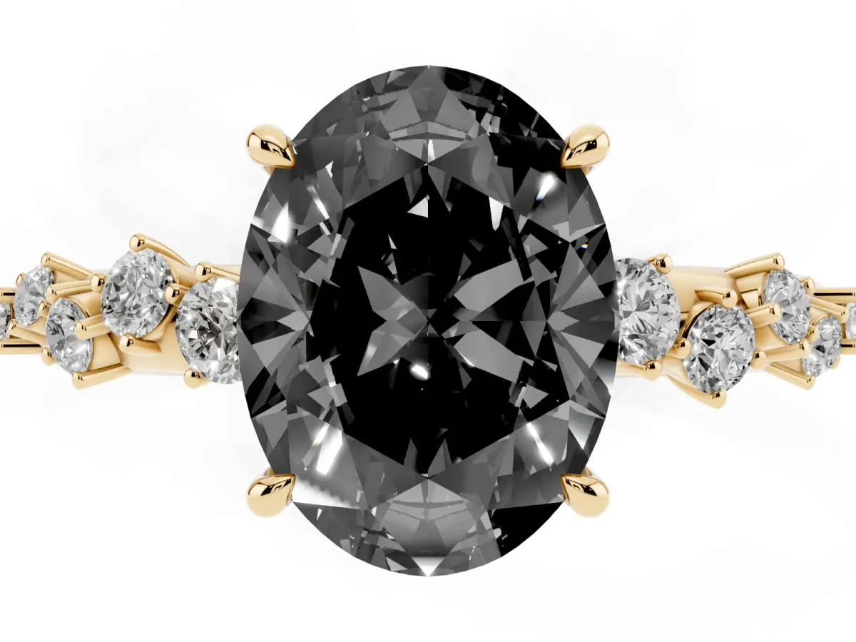 Fancy Black Oval Cut Diamond Cluster Side Stone Solitaire Ring with Prong Setting Yellow gold
