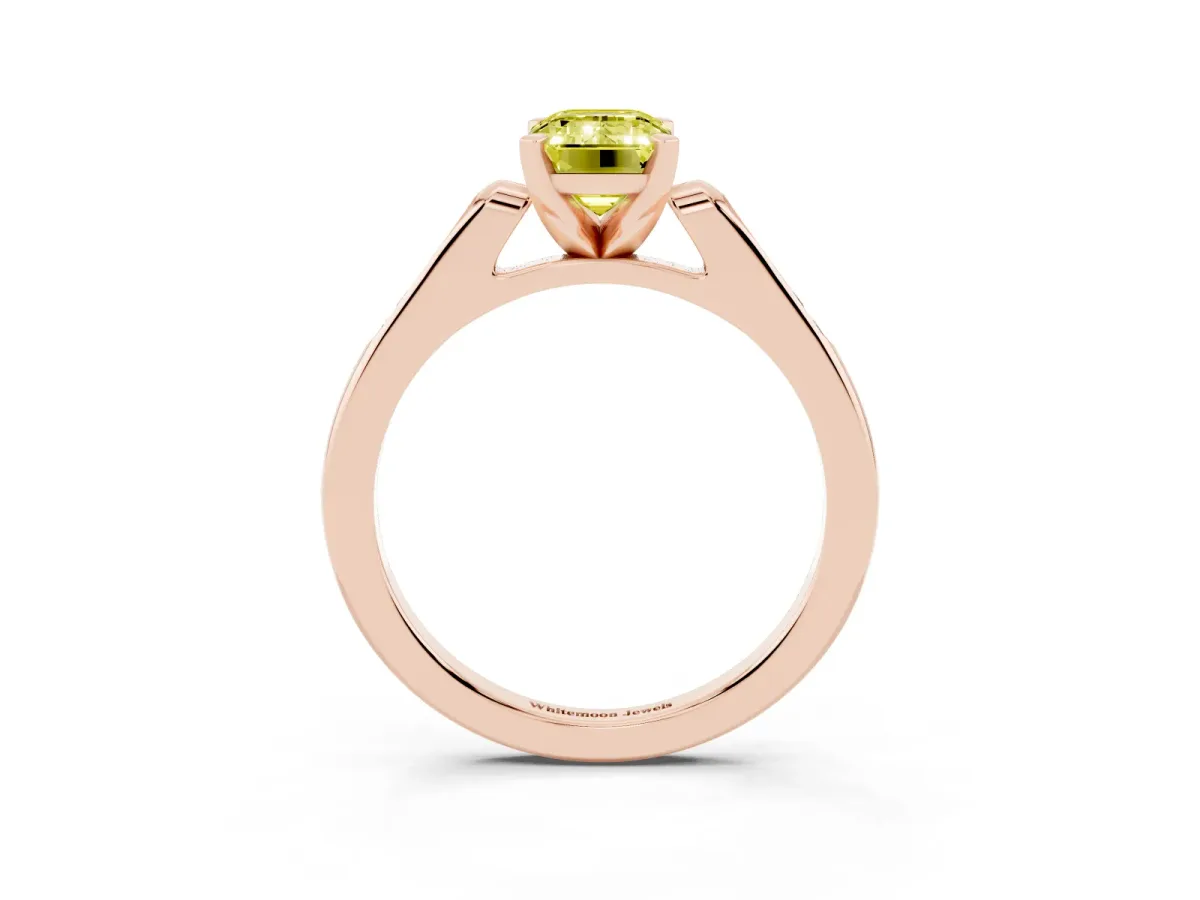 Fancy Yellow Emerald Cut Diamond Solitaire Ring with Channel Set Round Band and Prong Setting Rose gold