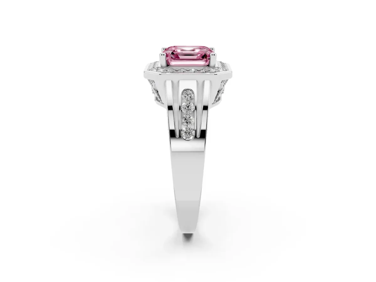 Fancy Pink Asscher Cut Diamond Halo Ring with Split Shank and Bezel Accents and Prong Setting Silver