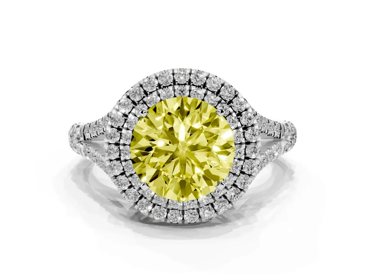 Fancy Yellow Round Cut Diamond Double Halo Ring with Split Shank and Prong Setting Platinum