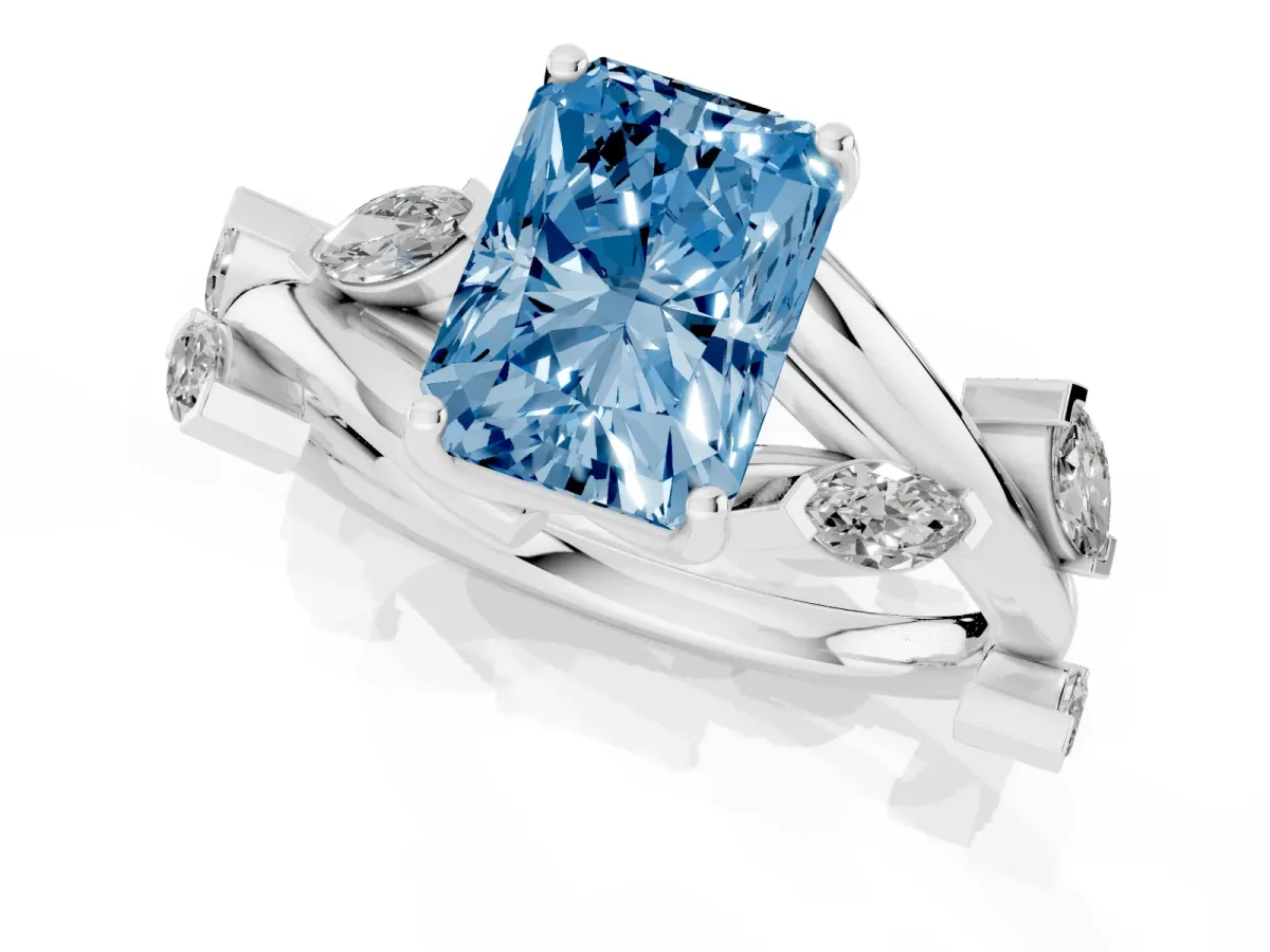 Fancy Blue Radiant Cut Solitaire Twisted Band Marquise Accent Prong Setting Ring Platinum