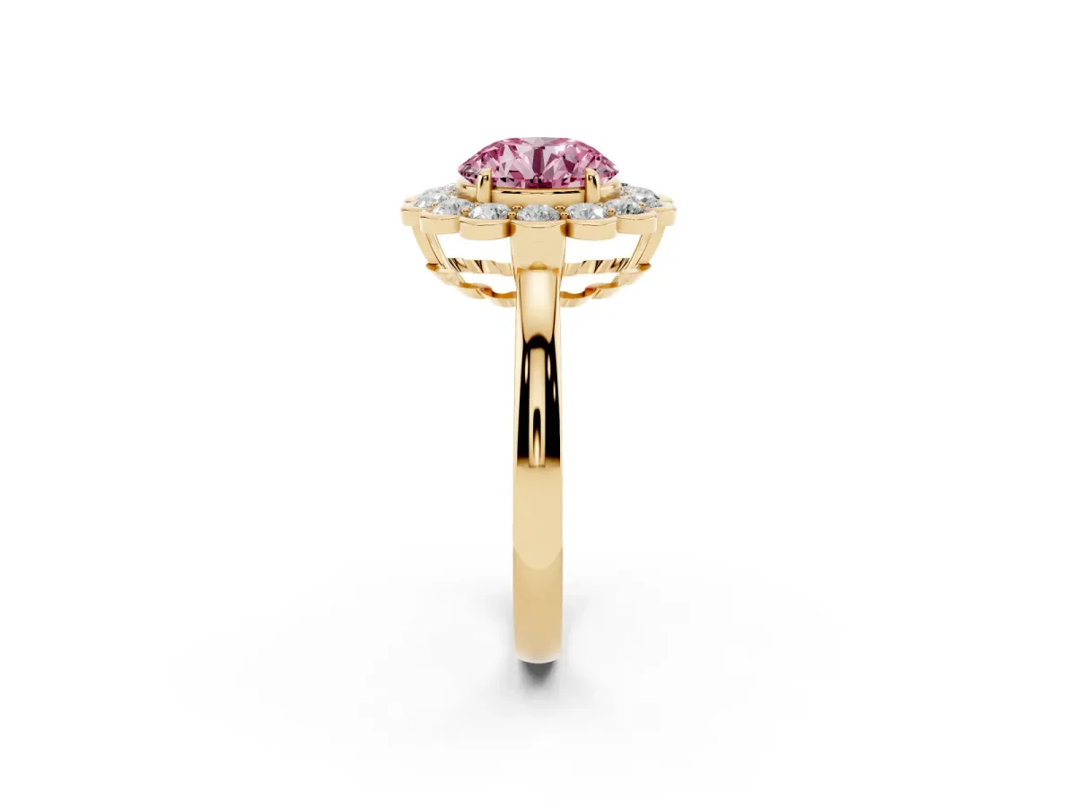 Fancy Pink Round Cut Halo Cluster Diamond Engagement Ring with Solitaire Band and Prong Setting Yellow gold