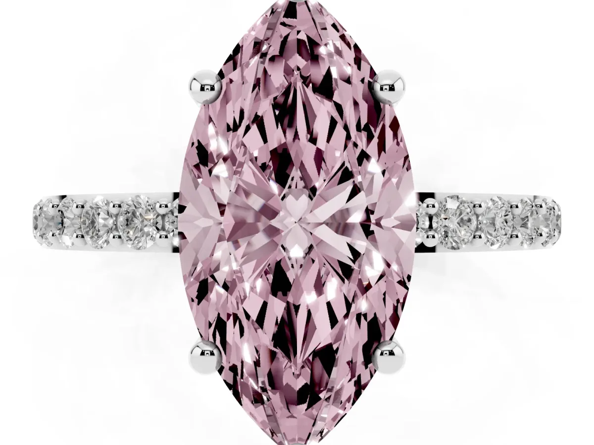 Fancy Pink Marquise Cut Diamond Solitaire Ring with Round Pavé Band and Prong Setting Silver