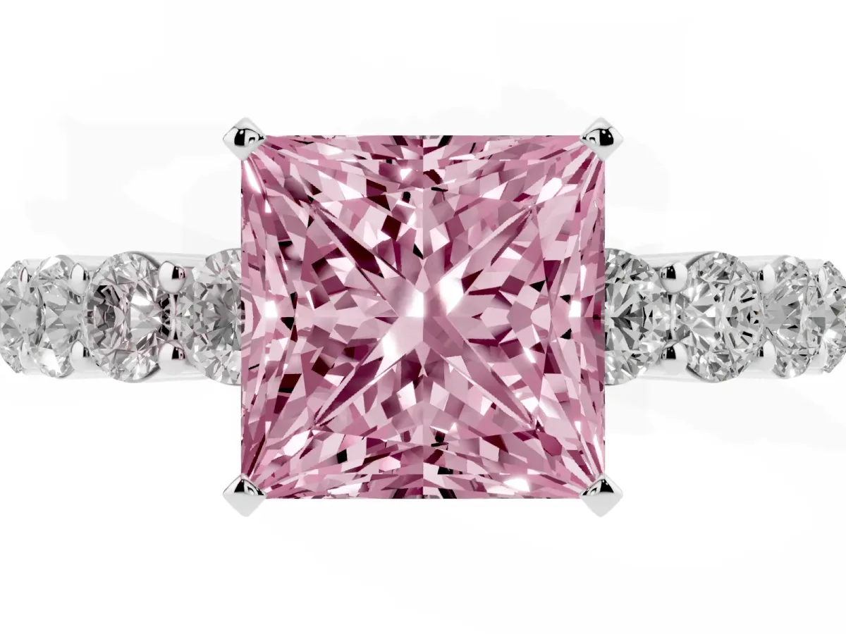 Fancy Pink Princess Cut Diamond Solitaire Ring with Shared Prong Round Side Stones Silver