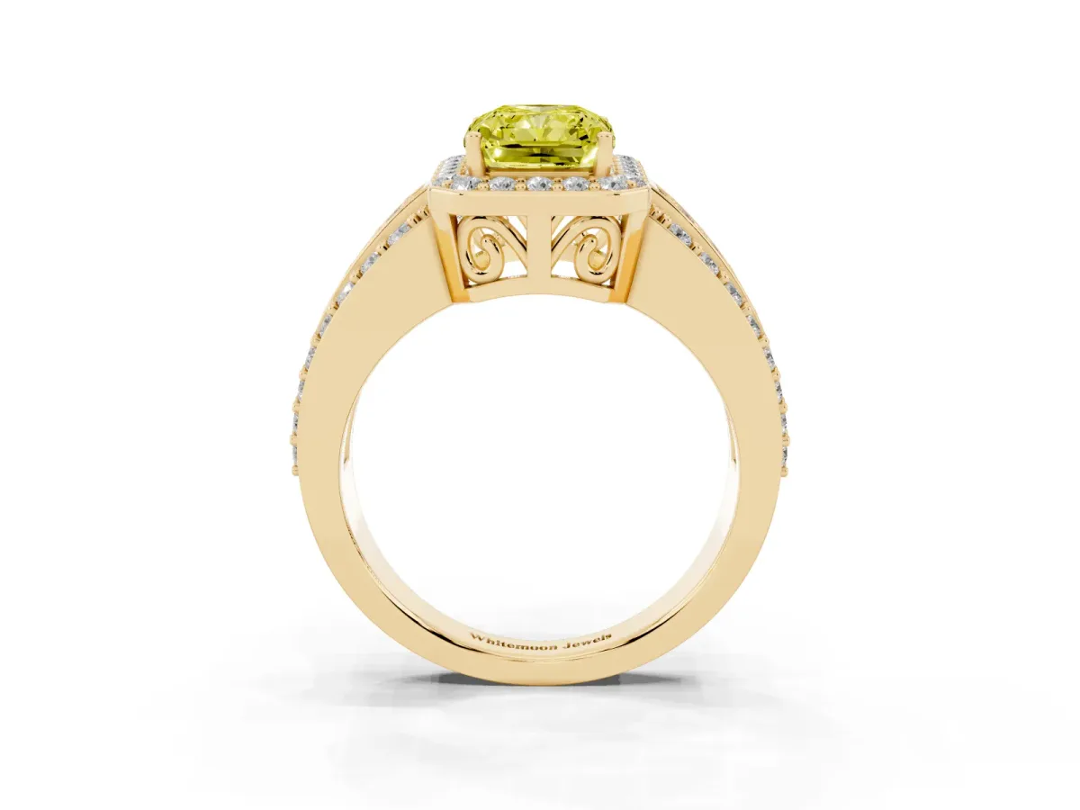 Fancy Yellow Radiant Cut Halo Diamond Ring with Round Split Shank and Prong Setting Yellow gold