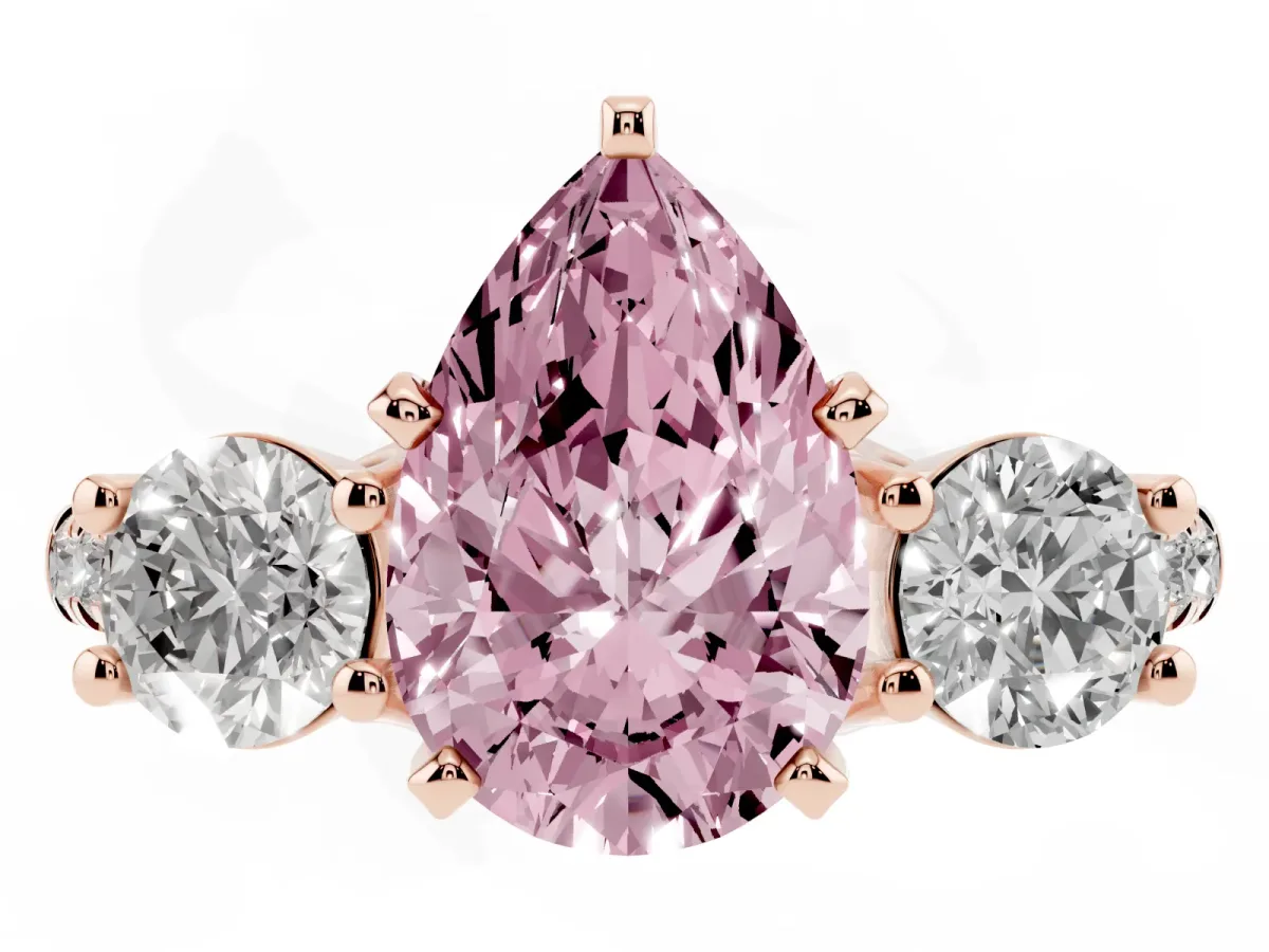 Fancy Pink Three-Stone Pear Cut Diamond Pavé Band with Four-Prong Setting Rose gold