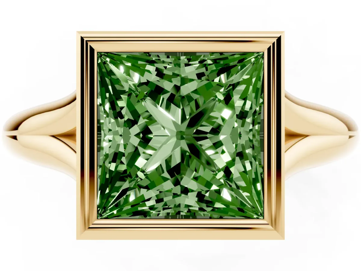 Fancy Green Bezel Set Princess Cut Solitaire Diamond Ring with Smooth Band Yellow gold