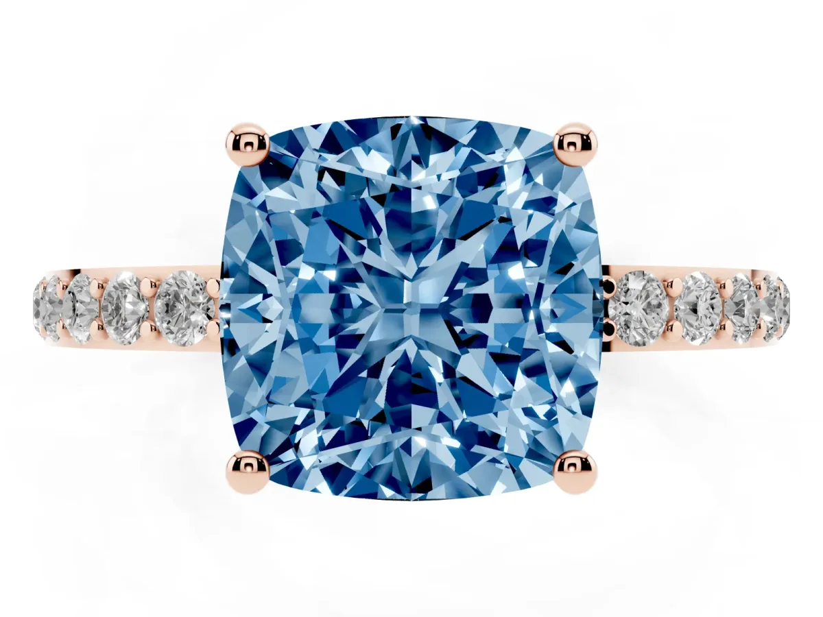 Fancy Blue Cushion Cut Diamond Solitaire Ring with Round Pavé Shoulders and Prong Setting Rose gold