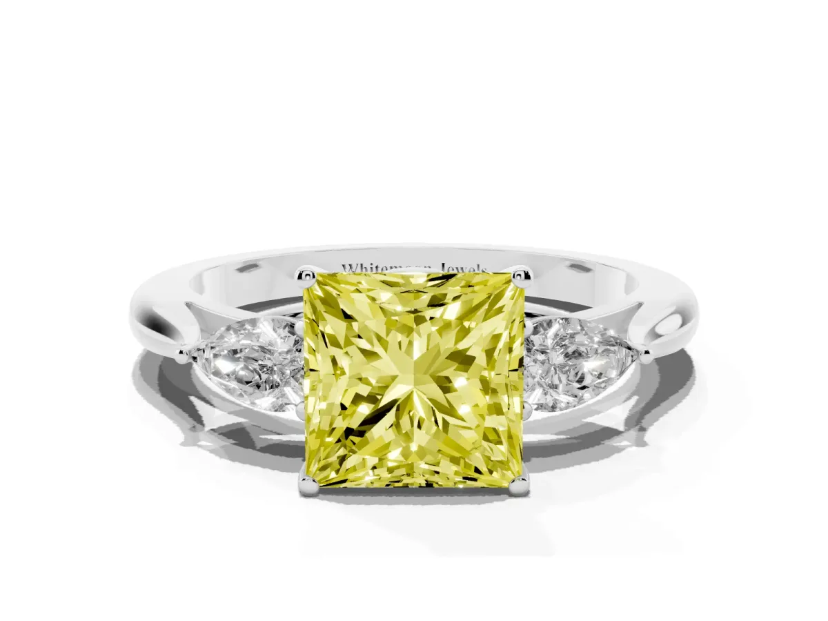 Fancy Yellow Three-Stone Princess Cut Brilliant Diamond Solitaire Ring with Tapered Band and Four-Prong Setting White gold