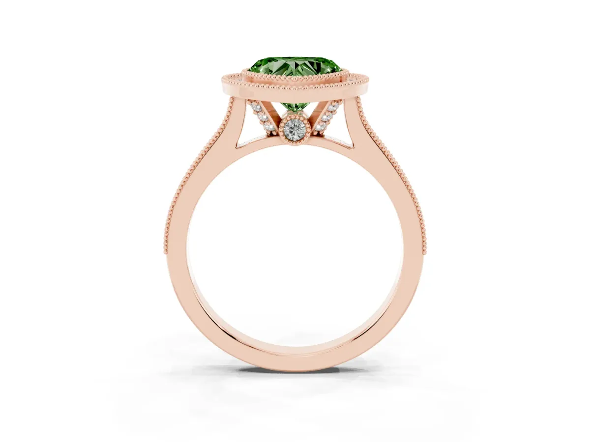 Fancy Green Halo Heart Cut-Cut Diamond Pave Band Milgrain Prong Setting Ring Rose gold