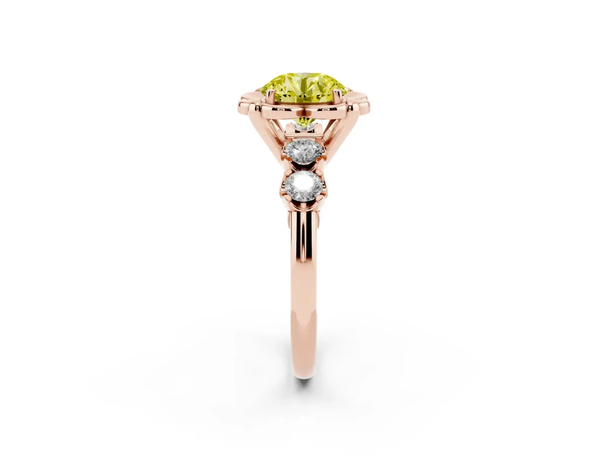 Fancy Yellow Round Cut Cut Diamond Floral Halo Engagement Ring with Shared Prong Setting Rose gold