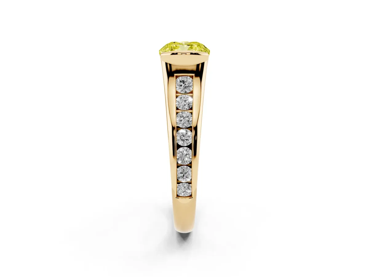 Fancy Yellow Cushion Cut Solitaire Bezel-Set Diamond Ring with Channel-Set Band Yellow gold