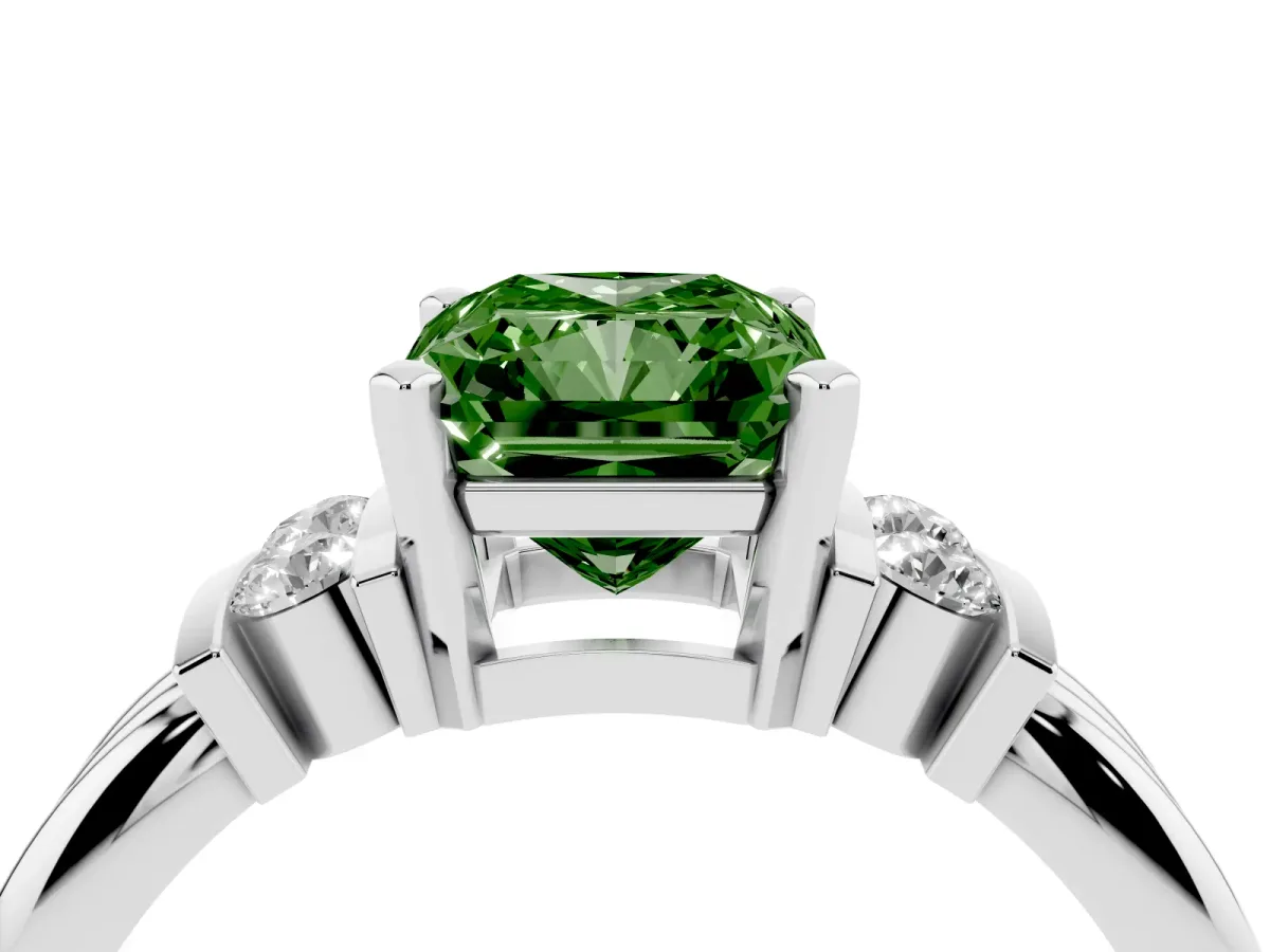 Fancy Green Radiant Cut Cut Three-Stone Channel Set Ring with Bar Prongs Silver
