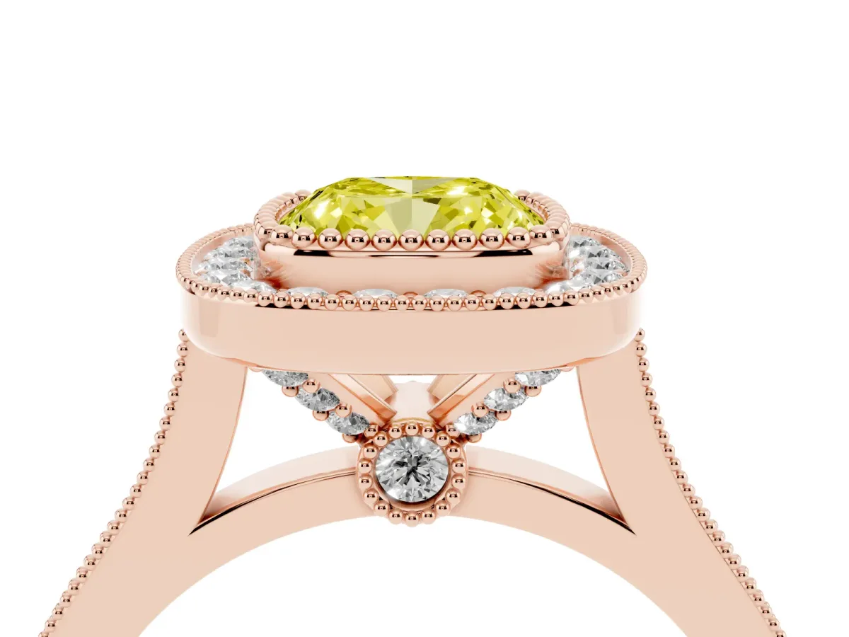 Fancy Yellow Cushion Cut Diamond Halo Ring with Milgrain Frame and Pavé Band Rose gold