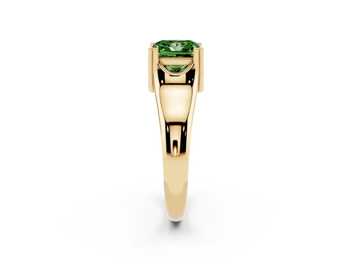 Fancy Green Princess Cut Diamond Solitaire Ring with Wide Band and Prong Setting Yellow gold